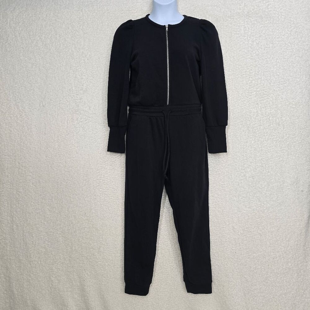 Chaser Black Puff Sleeve Zip Front Jogger Jumpsuit Drawstring French Terry Large